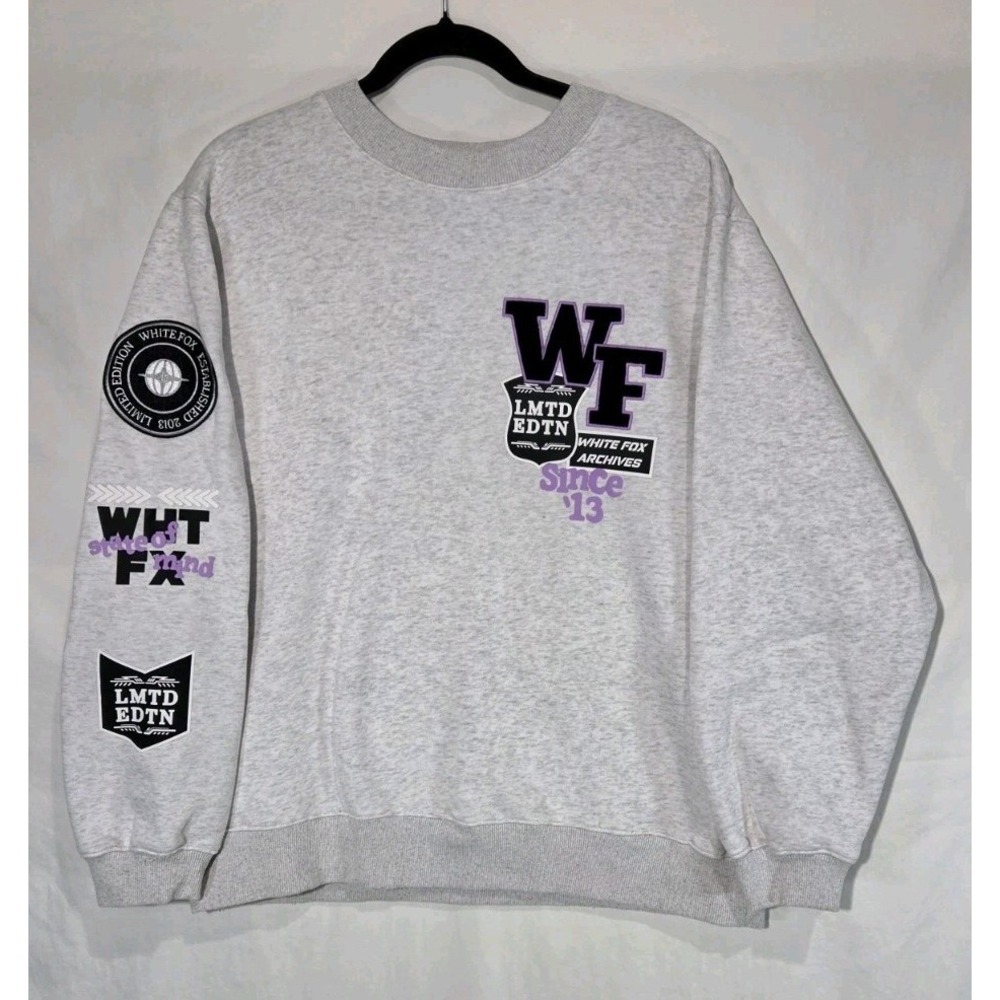 White Fox Part Of History Oversized Marle Gray Small Crewneck Sweatshirt Patches